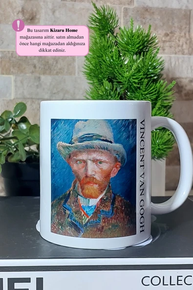 Vincent Van Gogh - Tarihi Sanat Gri Keçe Şapkali Otoportre Baskılı Porselen Kupa Bardak - Resim 3