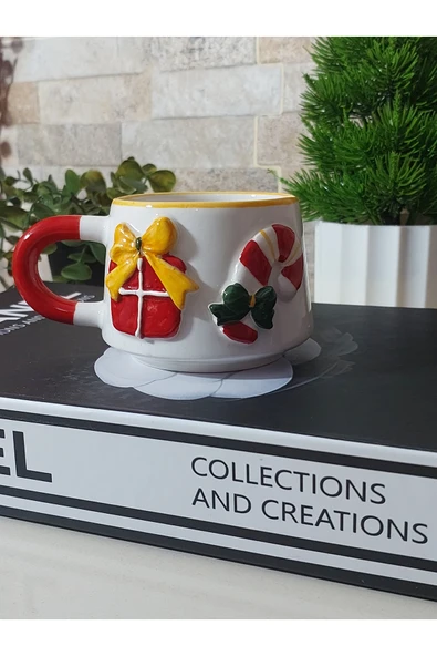 Baston Şeker ve Hediye Kutu Kabartmalı Yılbaşı El Yapımı Kupa, Bardak, Kahve Fincanı ürün görseli 1