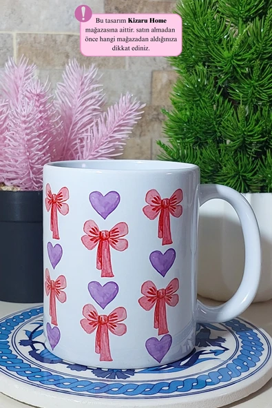 Kalp Kurdele Klasik Porselen Kupa Bardak - Resim 3
