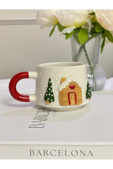 Kurabiye Evi Kabartmalı Yılbaşı El Yapımı Kupa, Bardak, Kahve Fincanı ürün görseli 1