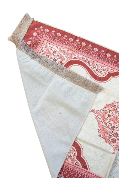 Nakış İşlemeli İsimli Kadife İpek Dokulu Mihrap Desenli Keseli İnci Tesbihli Seccade Kırmızı - Resim 9