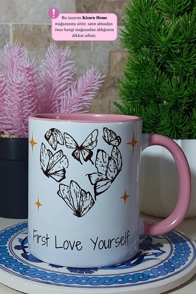 First Love Yourself Tasarım Tasarım Pembe Porselen Kupa Bardak - Resim 3