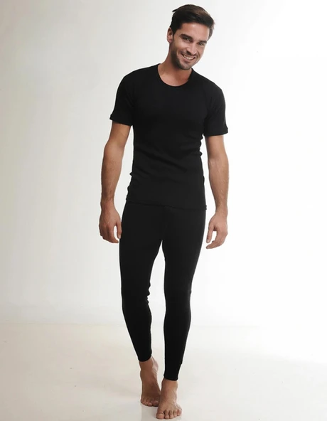 Hasyün Erkek %61 Siyah Yün Kısa Kollu Fanila Atlet Ve Uzun Don İçlik Takım 4000/4001- 1 Set  Siyah M ürün görseli 1