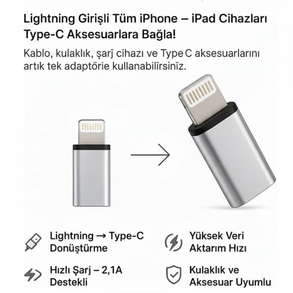 SChitec Lightning to  Type-C Dönüştürücü Adaptör | iPhone Uyumlu Hızlı Şarj & Veri Aktarım Adaptörü - Resim 4
