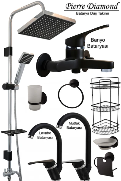 Mutfak Lavabo Banyo Bataryası ve Robot Duş Takımı Köşelik Kağıtlık Havluluk Aksesuarları Siyah Renk ürün görseli 1