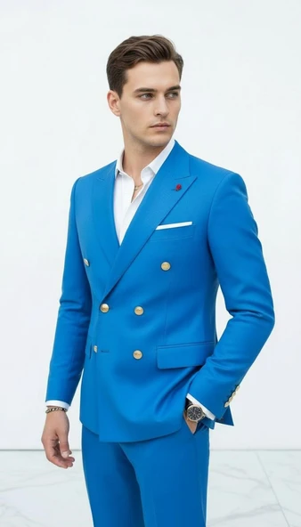 Gold Düğmeli Kruvaze Erkek Blazer Ceket – Premium Kumaş, Slim Fit Şıklık - Resim 10