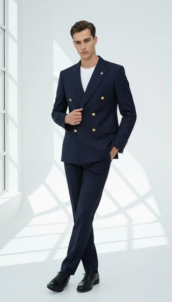 Gold Düğmeli Kruvaze Erkek Blazer Ceket – Premium Kumaş, Slim Fit Şıklık ürün görseli 1