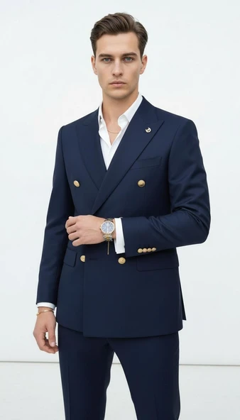 Gold Düğmeli Kruvaze Erkek Blazer Ceket – Premium Kumaş, Slim Fit Şıklık - Resim 4