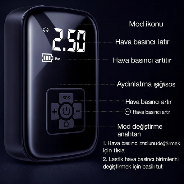 SChitec Elektrikli Dijital Hava Kompresörü Led Göstergeli | 150PSI Taşınabilir Şarjlı Pompa WY006 - Resim 2