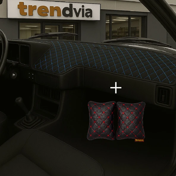 Siyah Mavi Renk Tofaş Şahin Doğan Kartal Uyumlu Alçak Ön Göğüs Torpido Kaplama ve Siyah Kırmızı Renk Kapitone Araç Oto Yastık Aksesuar ürün görseli 1