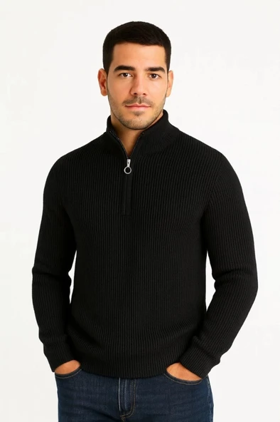 MDB Erkek Yarım Fermuarlı Triko Kazak – elanik Örgü, Dik Yaka, Pamuklu Dokuma, Regular Fit Uzun Kollu Kışlık odel  iyah - Resim 4