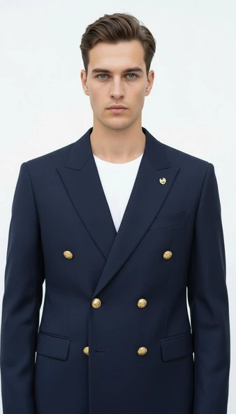 Gold Düğmeli Kruvaze Erkek Blazer Ceket – Premium Kumaş, Slim Fit Şıklık - Resim 3