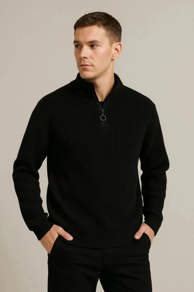 MDB Erkek Yarım Fermuarlı Triko Kazak – elanik Örgü, Dik Yaka, Pamuklu Dokuma, Regular Fit Uzun Kollu Kışlık odel  iyah - Resim 3
