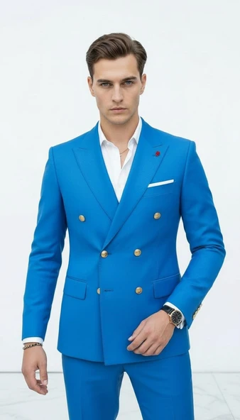 Gold Düğmeli Kruvaze Erkek Blazer Ceket – Premium Kumaş, Slim Fit Şıklık - Resim 8