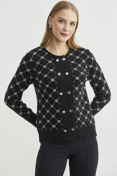 Logolu Düğme Detaylı Triko Hırka - Siyah - Resim 3