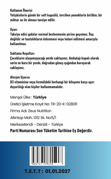 D3 VİTAMİN Zeus Nutrition 60 Kapsül x 2 Adet Hap Kutusu Hediye - Resim 3