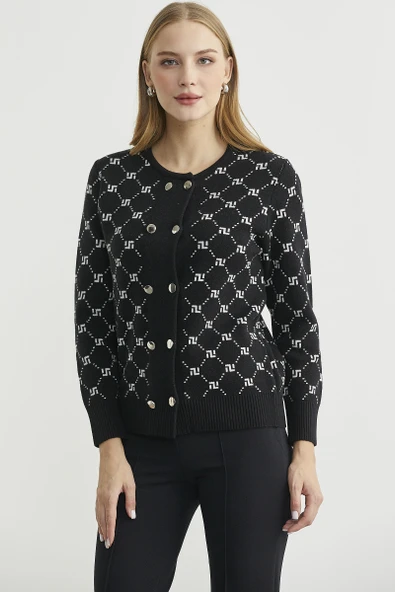 Logolu Düğme Detaylı Triko Hırka - Siyah - Resim 4