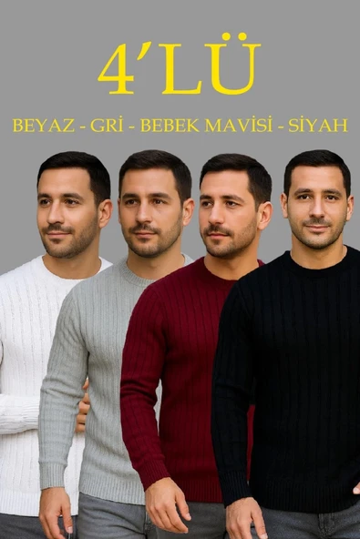 MDB Erkek Fitilli Triko Kazak 4’lü et Beyaz Bordo Gri iyah Regular Fit Bisiklet Yaka Kazak Triko Kombini ürün görseli 1