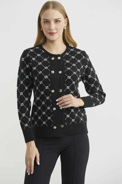 Logolu Düğme Detaylı Triko Hırka - Siyah - Resim 2