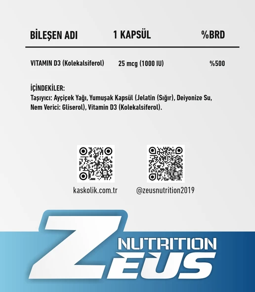 D3 VİTAMİN Zeus Nutrition 60 Kapsül x 2 Adet Hap Kutusu Hediye - Resim 2