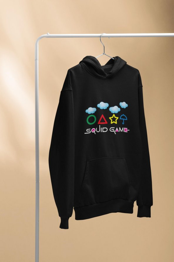 Squid Game Baskılı Siyah Erkek Kadın Unisex Kapüşonlu Uzun Kol Kangru Cep Oversize Sweatshirt S0008