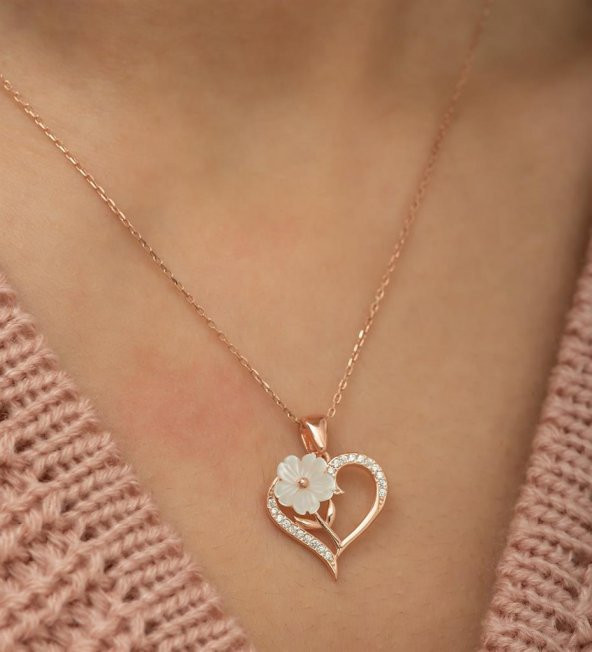 Manolya Çiçeği Kalp Tasarımlı 925 Ayar Gümüş Kolye ROSE - Resim 4