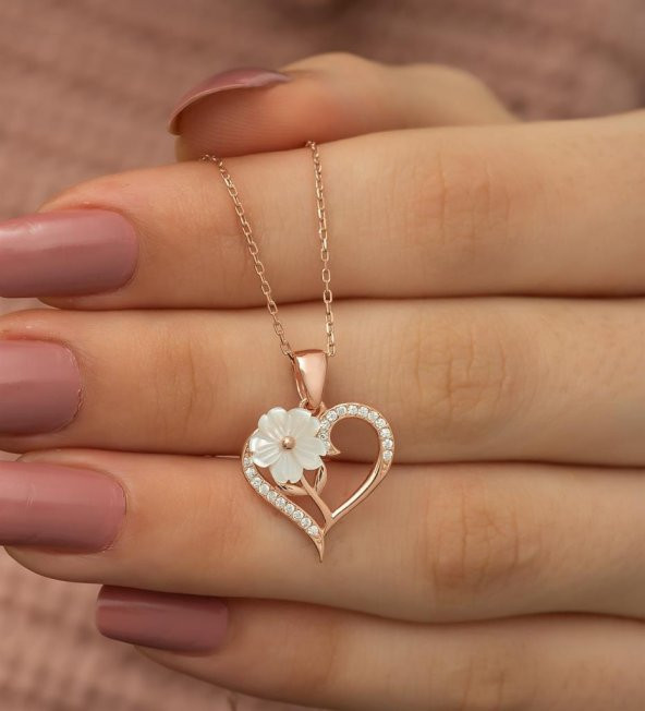 Manolya Çiçeği Kalp Tasarımlı 925 Ayar Gümüş Kolye ROSE - Resim 6
