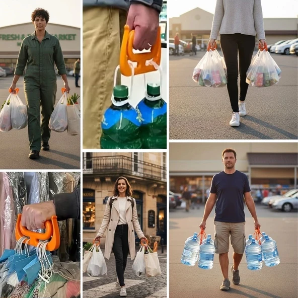 BUFFER® Ergonomik Poşet Taşıma Aparatı – Ağır Yük Taşıyıcı Tutacak, Elden Kesme Yapmayan Kolay Taşıma Kancası, Market ve - Resim 2