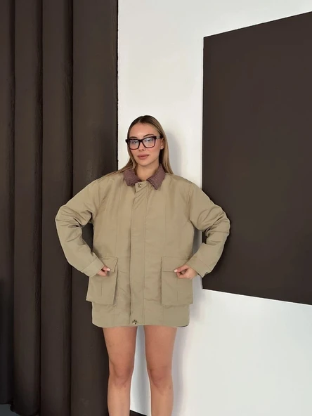 BİÇOMİ Astarlı yaka detaylı artos ceket haki st2651019 - Resim 2