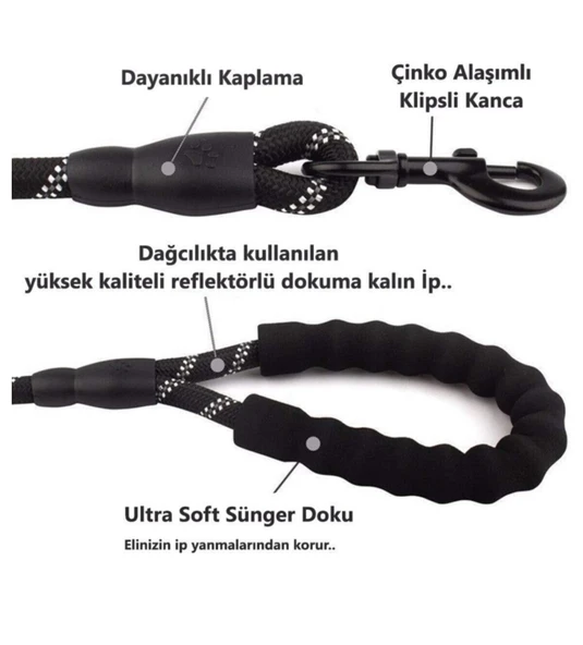 Köpekler İçin Gezdirme Tasması Reflektörlü 130 cm Halat Orta ve Büyük Boy Köpekler İçin Siyah - Resim 2
