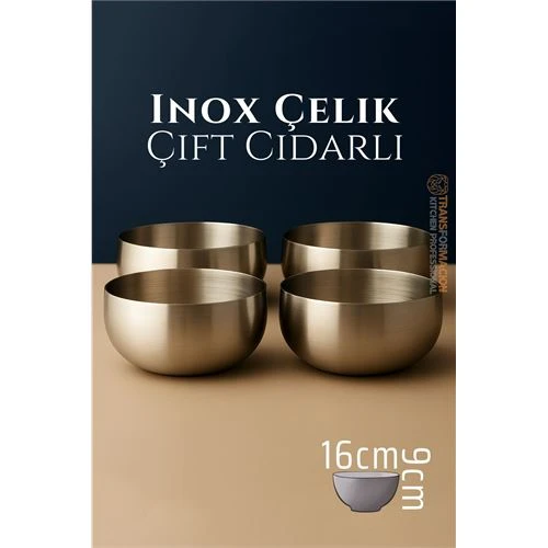 Çift Cidarlı Kase - Inox Çelik Kase 16 cm 4 LÜ SET ürün görseli 1