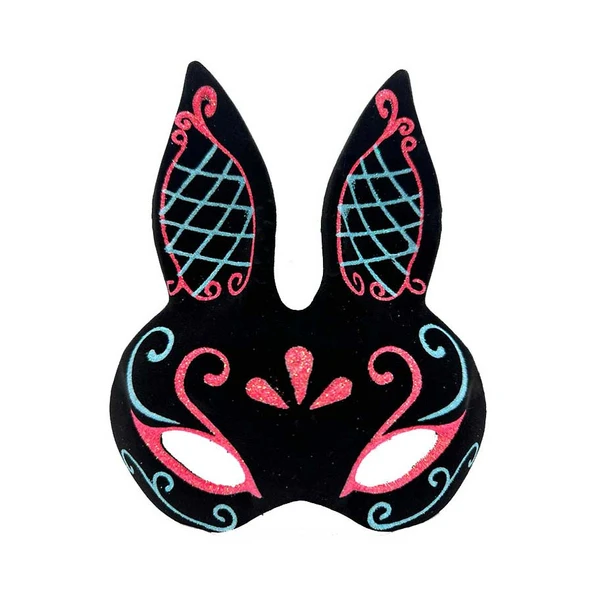 Siyah Renk Mavi Kırmızı Simli Siyah Süet Kaplama Tavşan Maskesi 18x16 cm ürün görseli 1