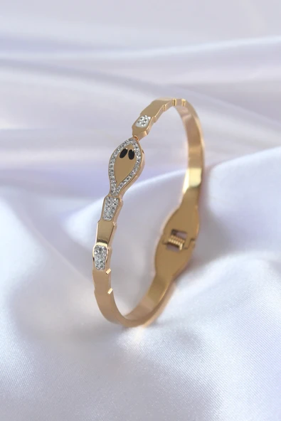 316L Çelik Gold Renk Yılan Model Zirkon Taş Detay Kadın Kelepçe - TJ-BB5054 ürün görseli 1