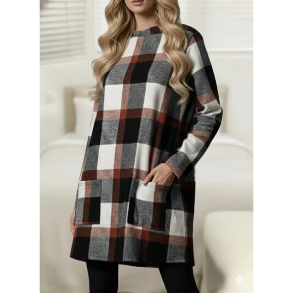 Lucky Life Kadın Uzun Kollu Yarı Balıkçı Yakalı Cep Detaylı Ekoseli Dokuma Tunik ürün görseli 1