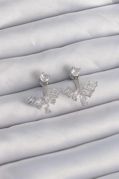 Pirinç Gümüş Renk Zirkon Taşlı V Model Küpe - TJ-BKP9290 ürün görseli 1