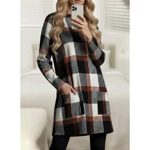 Lucky Life Kadın Uzun Kollu Yarı Balıkçı Yakalı Cep Detaylı Ekoseli Dokuma Tunik - Resim 8