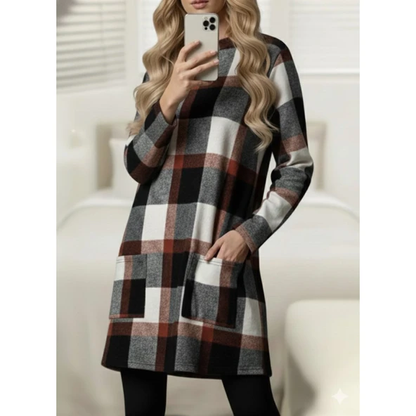 Lucky Life Kadın Uzun Kollu Yarı Balıkçı Yakalı Cep Detaylı Ekoseli Dokuma Tunik - Resim 7