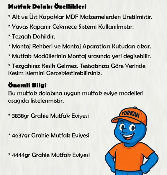 220 cm Mutfak Dolabı  MDF Kapak Tezgah Dahil YRKN220 100 - Resim 3