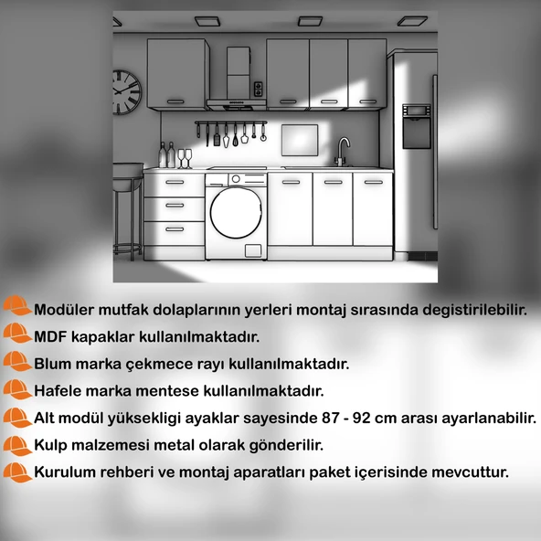 185 cm Mutfak Dolabı Siyah MDF Kapak Tezgah Dahil YRKN185 99 - Resim 2