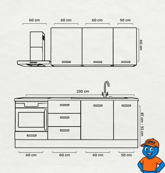 230 cm Mutfak Dolabı  MDF Kapak Tezgah Dahil YRKN230 100 - Resim 2