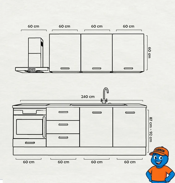 240 cm Mutfak Dolabı  MDF Kapak Tezgah Dahil YRKN240 97 - Resim 2