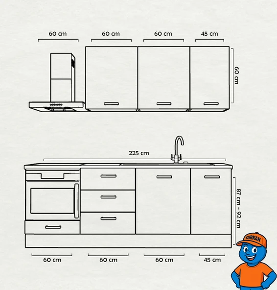 225 cm Mutfak Dolabı  MDF Kapak Tezgah Dahil YRKN225 100 - Resim 2