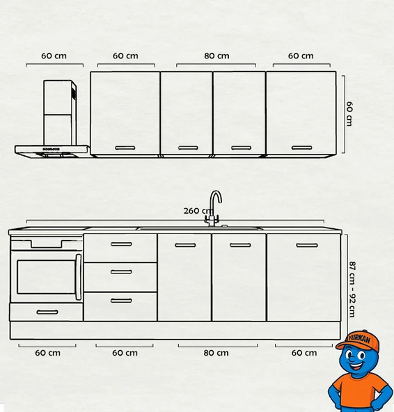260 cm Mutfak Dolabı  MDF Kapak Tezgah Dahil YRKN260 98 - Resim 2