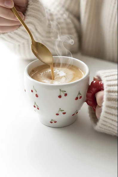 Kiraz Amore El Yapımı Yılbaşı Hediyesi Seramik Double Kahve Fincanı, Mug, Kupa - Resim 2