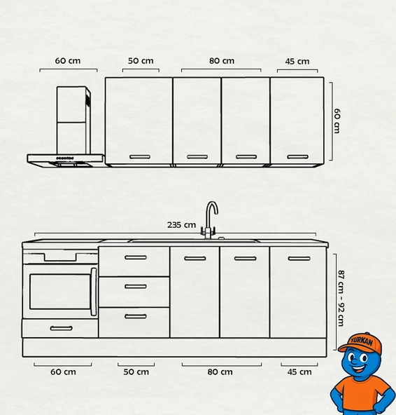 235 cm Mutfak Dolabı  MDF Kapak Tezgah Dahil YRKN235 98 - Resim 2