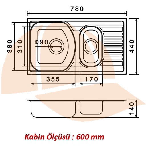 78 X 44 Mutfak Eviyesi 7844gr Keten Sağ Damlalıklı - Resim 2