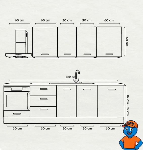 280 cm Mutfak Dolabı  MDF Kapak Tezgah Dahil YRKN280 102 - Resim 2