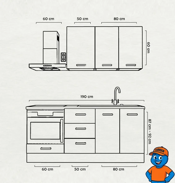 190 cm Mutfak Dolabı  MDF Kapak Tezgah Dahil YRKN190 102 - Resim 2