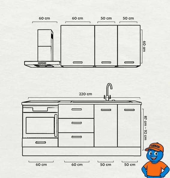 220 cm Mutfak Dolabı  MDF Kapak Tezgah Dahil YRKN220 100 - Resim 2
