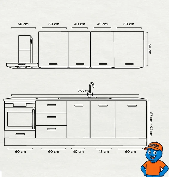 265 cm Mutfak Dolabı  MDF Kapak Tezgah Dahil YRKN265 100 - Resim 2